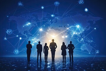 Illustration of business people standing in front of a world map with connections between them, representing a global network and international trade Generative AI