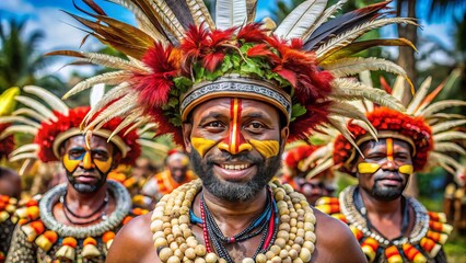 Obraz premium Vibrant ceremonial headdress adorned with exotic feathers, shells, and pig tusks, symbolizing rich cultural heritage and ancient traditions of Papua's indigenous tribal communities.