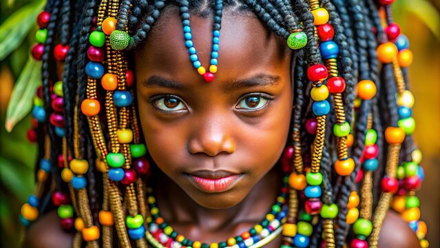 Vibrant close-up of a young girl's Afro-textured hair, adorned with colorful beads and braids, showcasing natural beauty and cultural heritage.