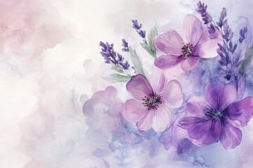 Beautiful watercolor floral arrangement featuring purple flowers and lavender against a soft pastel background.