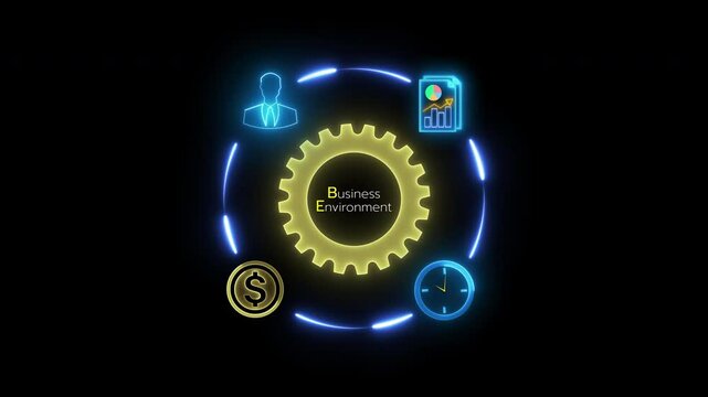 Business Environment concept, the sum total of all external and internal factors that influence a business. Glowing neon line of Business Environment icon isolated on transparent background.