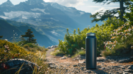 Silver thermos in a picturesque mountain setting, ideal for outdoor adventures, travel, and nature photography