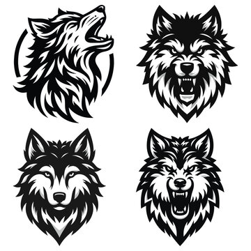 Black and white wolf head illustrations in vector style, multiple expressions, logo design set