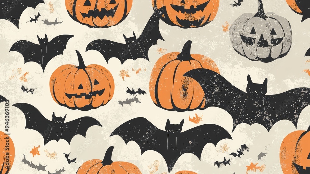 Fototapete stylized halloween pattern with graphic bats and oversized pumpkins in a trendy, muted color scheme.