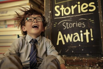 Delighted boy in glasses and tie, hair windswept, before a chalkboard that reads Stories Await!