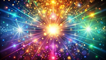 Fototapeta premium Vibrant, colorful sparkles radiate from the center of a shimmering, iridescent EPS vector background, evoking feelings of luxury, glamour, and celebration in a mesmerizing abstract design.