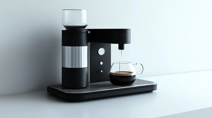 Modern Black Espresso Machine Brewing Coffee into Glass Mug