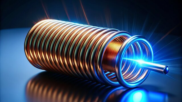 Vibrant copper electrical coil curls tightly around a sleek metal core, emitting a bright blue glow, amidst a dark background, conveying innovation and modern technology.