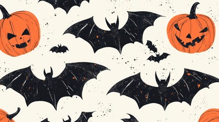 A modern Halloween pattern with stylized bats and pumpkins in bold, graphic designs.