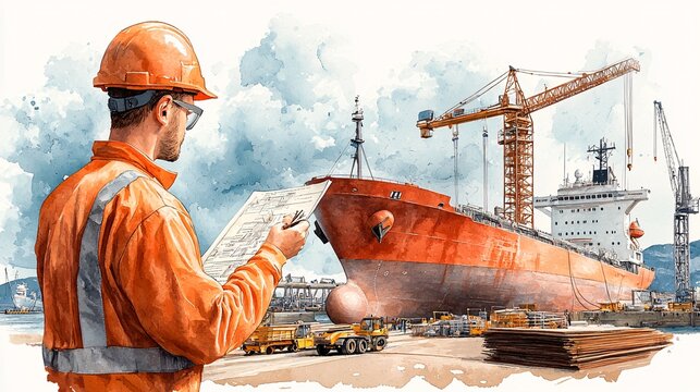 Shipyard worker inspecting blueprints.