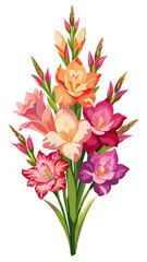Obraz premium Vibrant Gladiolus Flower Illustration With Leaves- Colorful and detailed illustration of a gladiolus flower with vibrant petals and green leaves, capturing the essence of nature's beauty and elegance.