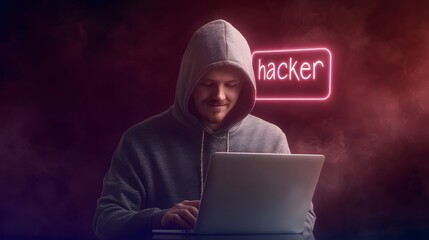 A mysterious hacker works intently on a laptop, illuminated by neon lights, creating an atmosphere of intrigue and technology.