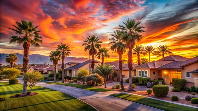 Vibrant desert sunset casts a warm glow on a tranquil suburban neighborhood of residential homes, manicured lawns, and palm trees in Las Vegas outskirts.