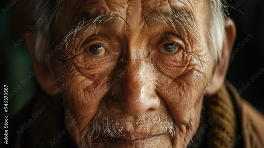 Poster elderly men from different ethnic backgrounds display expressions of wisdom and calmness, reflecting