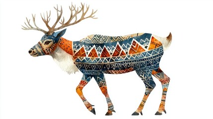 Boho Christmas Reindeer Clipart with Tribal Patterns and Watercolor Illustration in Earthy Colors on White Background