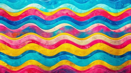 Vibrant, distressed waves of pink, blue, and yellow undulate across a textured background, evoking a nostalgic, retro aesthetic with a psychedelic, dreamlike quality.