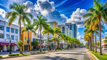 Vibrant downtown area in Doral, Florida, with palm trees lining the streets, modern buildings, and a bustling atmosphere, showcasing the city's urban charm and tropical flair.