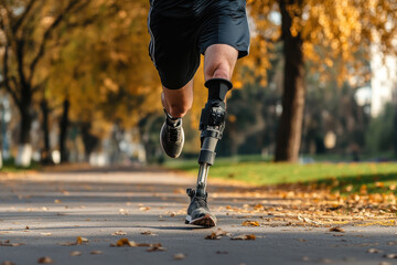 Disabled athlete with prosthetic leg running in autumn park 