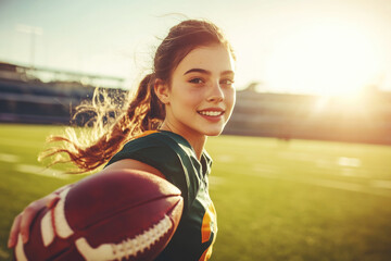 Portrait of a young female football player in action on the stadium