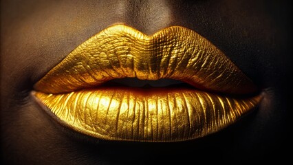 Vibrant golden lipstick smear on a dark background, oozing sophistication and glamour, with subtle shine and texture, evoking luxury and high-end beauty.