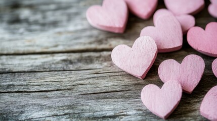 Obraz premium A collection of pink hearts arranged on a wooden table, leaving a space for heartfelt words.