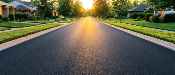 A peaceful suburban street at sunset, lined with trees and houses, showcasing serene neighborhood living and beautiful golden light. suburban development concept.