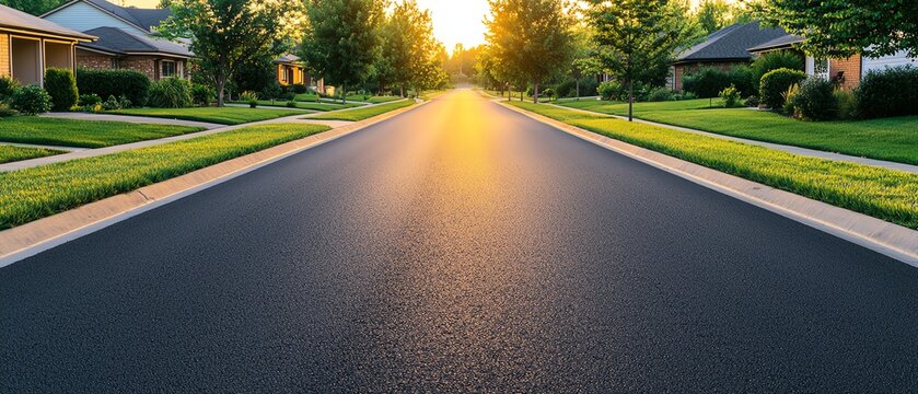 A peaceful suburban street at sunset, lined with trees and houses, showcasing serene neighborhood living and beautiful golden light. suburban development concept.