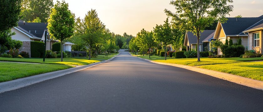 A tranquil residential street lined with trees and houses, showcasing the beauty of suburban life during golden hour. suburban development concept.