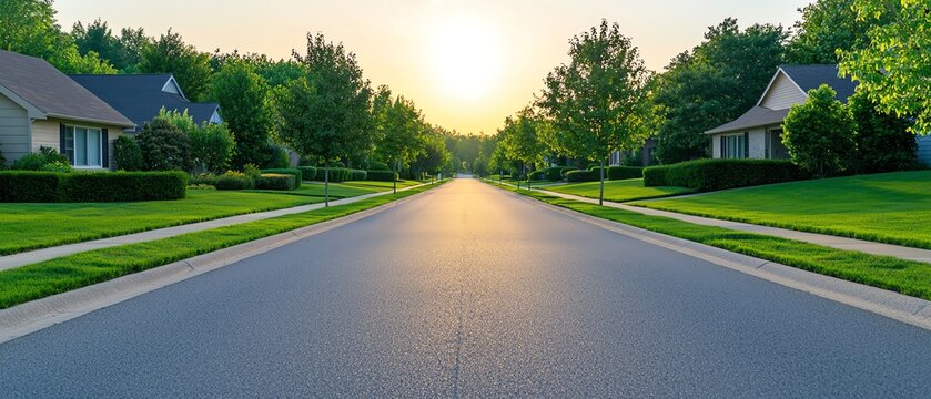 A serene suburban street at sunrise, flanked by green lawns and charming houses, inviting tranquility and peaceful living. suburban development concept.