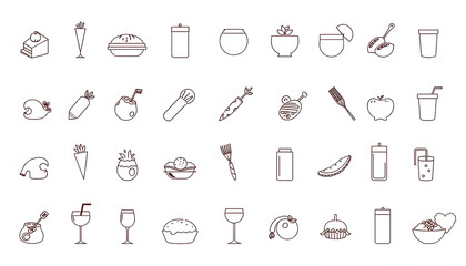 Set of 80 outline icons related to food and drink. Linear icon collection. Editable stroke. Vector illustration isolated with white highlights, png