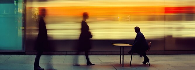 Fototapeta premium Blurred Silhouettes of People Walking Past a Table and Chair