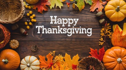 Happy Thanksgiving text on wooden background with autumn leaves and pumpkins border