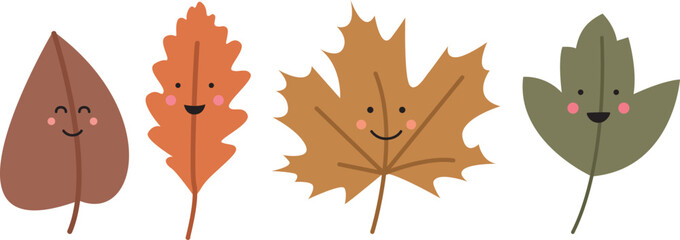 Vector illustration of cute autumn kawaii leaves. Colorful set with smily faces.	