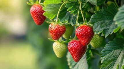 A healthy strawberry plant, with ripe berries hanging among green leaves on a plantation.