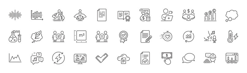 Document, Sound wave and Court judge line icons. Pack of Certificate, Graph chart, Tick icon. Chemistry lab, Microphone, Build pictogram. Diagram chart, Square meter, Timer. Line icons. Vector