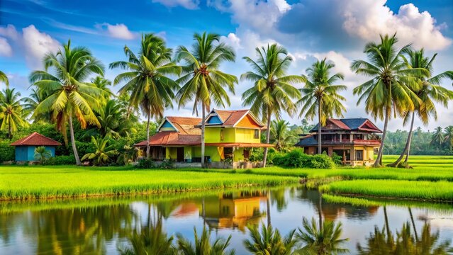Vibrant houses amidst lush green paddy fields and coconut trees in Alappuzha district, Kerala, showcasing the serene and idyllic rural landscape of the region.