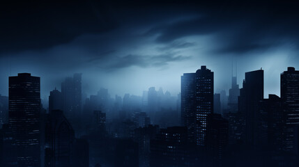 Fototapeta premium Foggy Cityscape at Night With High-Rise Buildings and Dark Blue Sky