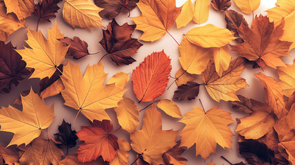 Fototapeta premium A close up of many different colored leaves, including some that are brown