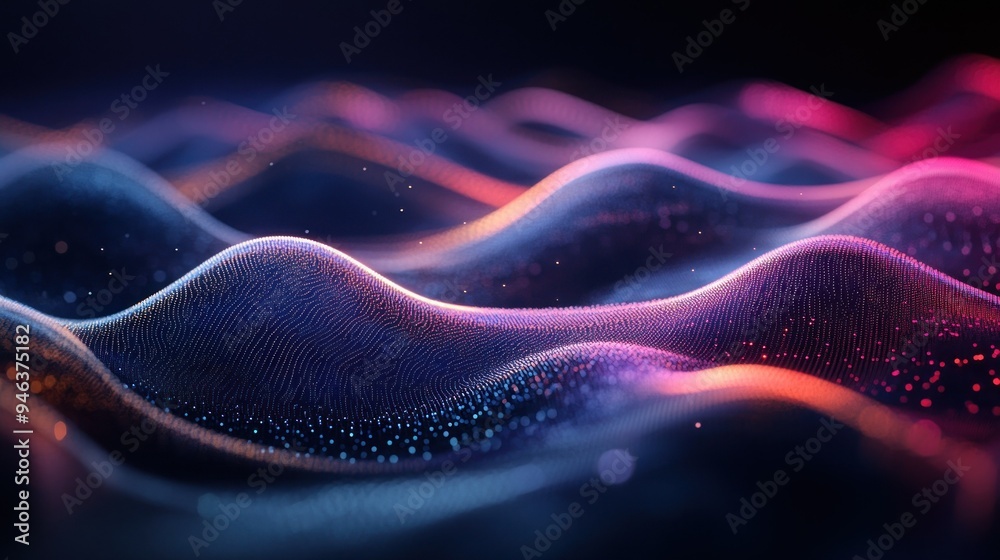 Poster abstract wavy pattern with glowing particles and neon lights