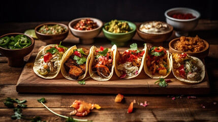 Fototapeta premium Fresh Mexican Gourmet Tacos with dips, salsa, guacamole, toppings and seasonings made with Generative AI