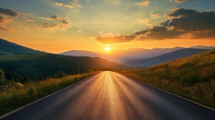 A breathtaking view of a mountain road leading to a vibrant sunrise, highlighting nature's beauty, tranquility, and the promise of a new day.