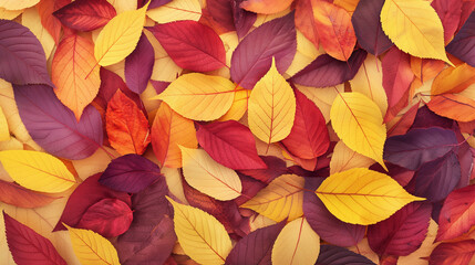 Fototapeta premium A pile of autumn leaves with a variety of colors, including red, yellow