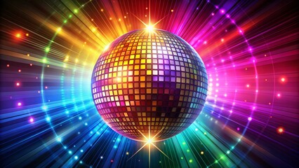 Vibrant, mirror-ball inspired vector illustration featuring a rotating sphere with flashing lights and colors, evoking a sense of dynamic energy and retro disco glamour.