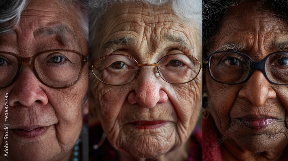 Poster elderly men from various ethnic groups exhibit expressions of wisdom and serenity, inviting contempl