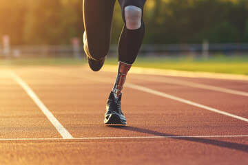 Disabled athlete with prosthetic leg running close up