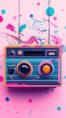 Fototapeta premium A colorful boombox featuring neon accents against a pink backdrop, surrounded by dynamic splashes of color and retro-inspired designs