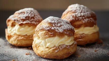 Fototapeta premium A tempting trio of cream puffs, with crisp pastry exteriors and indulgent creamy centers.