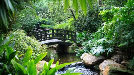 Zen garden with a small bridge over a stream, surrounded by lush greenery.