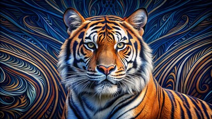 Fototapeta premium Vibrant orange and black tiger's fur features intricate stripes, mesmerizing whorls, and striking patterns, set against a contrasting dark blue background, evoking primal intensity.