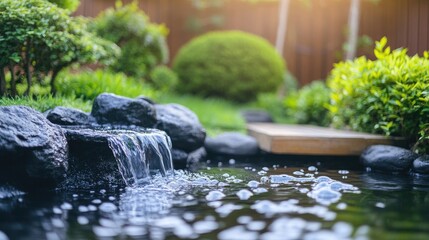 Zen garden with a small waterfall flowing into a pond, creating a calming sound.